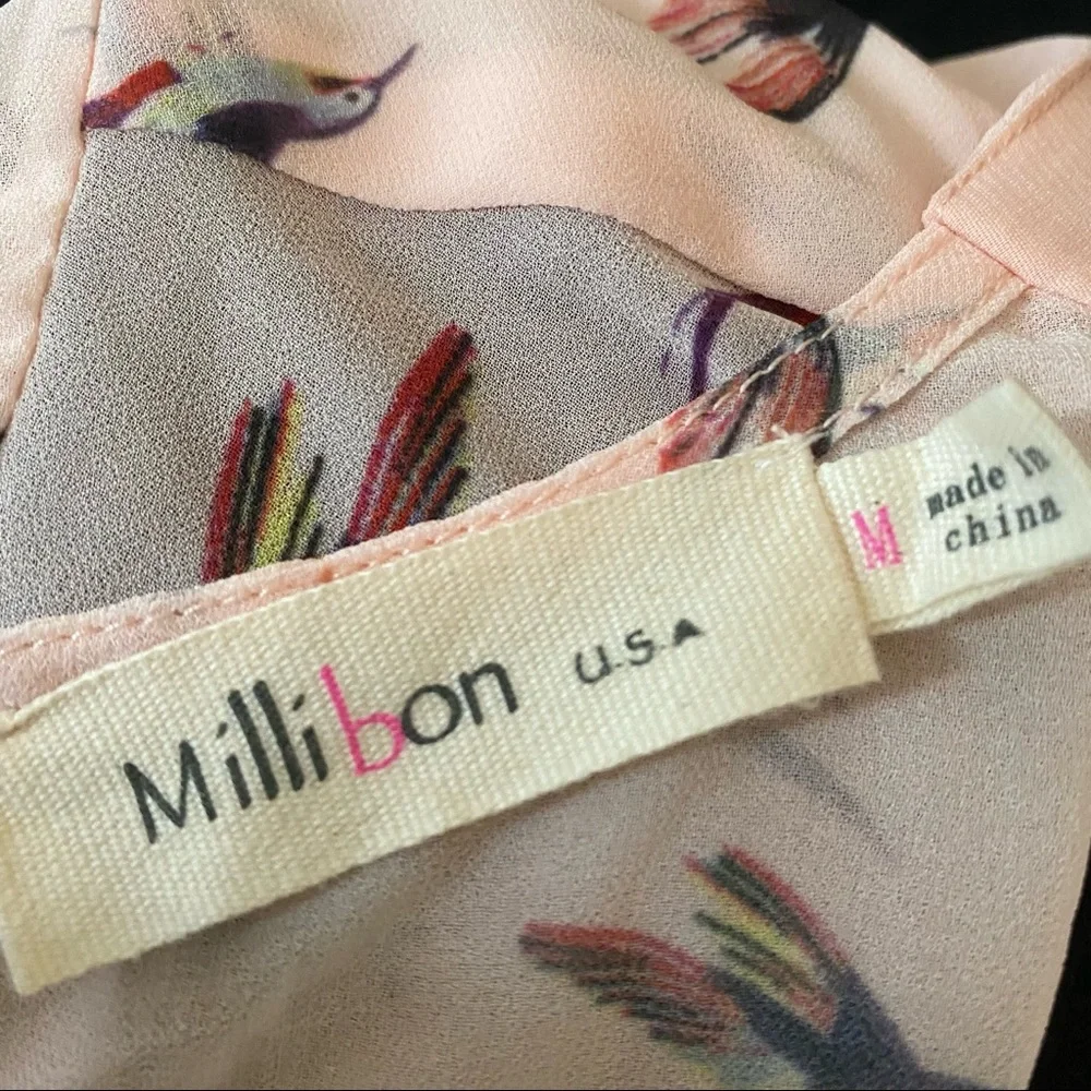 NWOT Millibon pretty Hummingbird dress Sheer Layers fitted top flouncy bottom - Picture 5 of 9